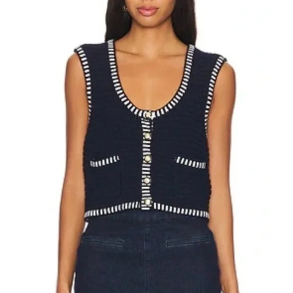 Joie sweater vest womens L pockets navy white stripes 5 buttons 1291022